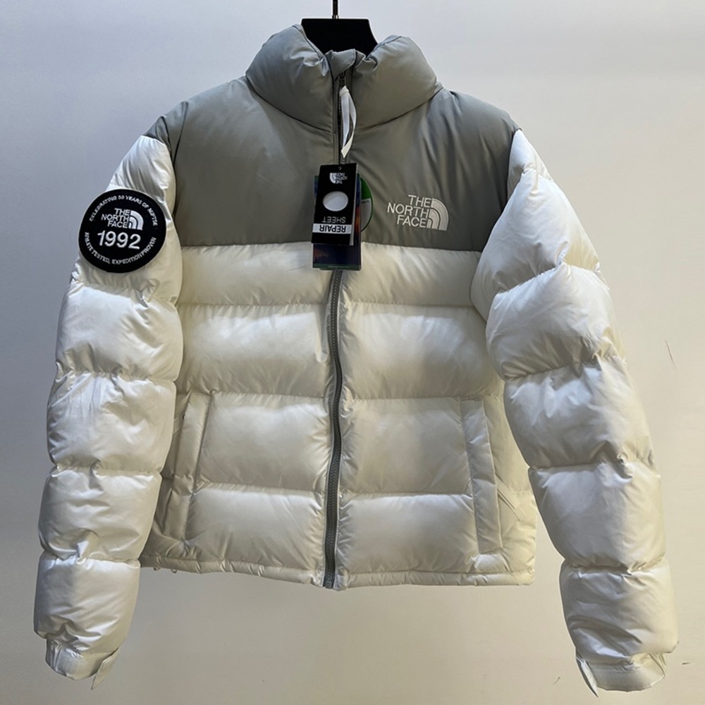 The North Face Light Grey and White Color Block Down Jacket